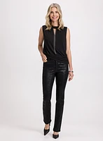 Keyhole Detail Pearl Trim Top & Snake Print Straight Leg Jeans