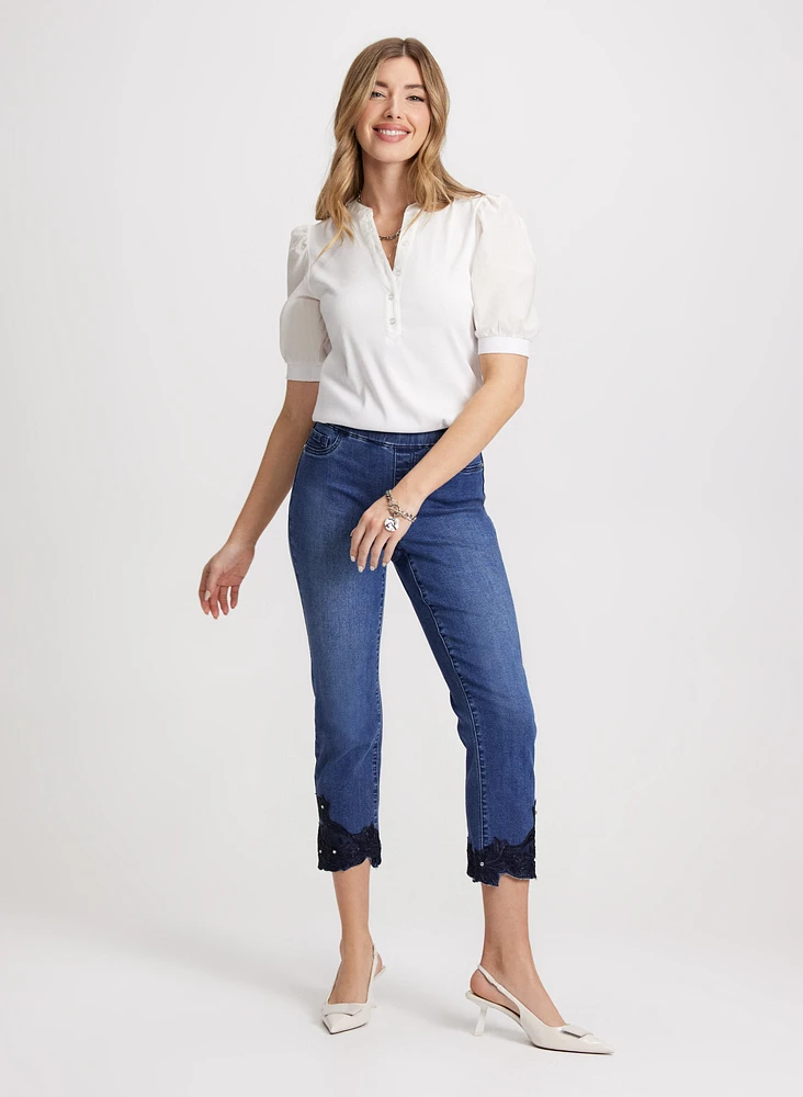 Embroidered Hem Straight Leg Jeans