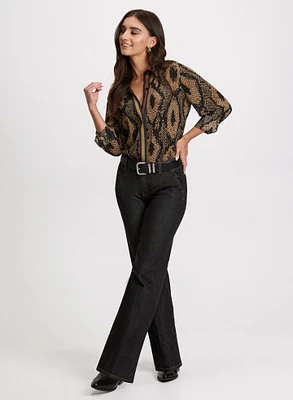 Snake Print Button-Up Blouse & Flare Leg Jeans