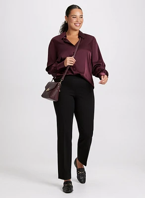 Satin Button Down Blouse & Pull-On Slim Leg Pants