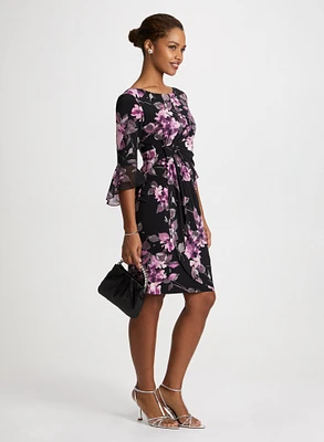 Rose Motif Flutter Sleeve Dress