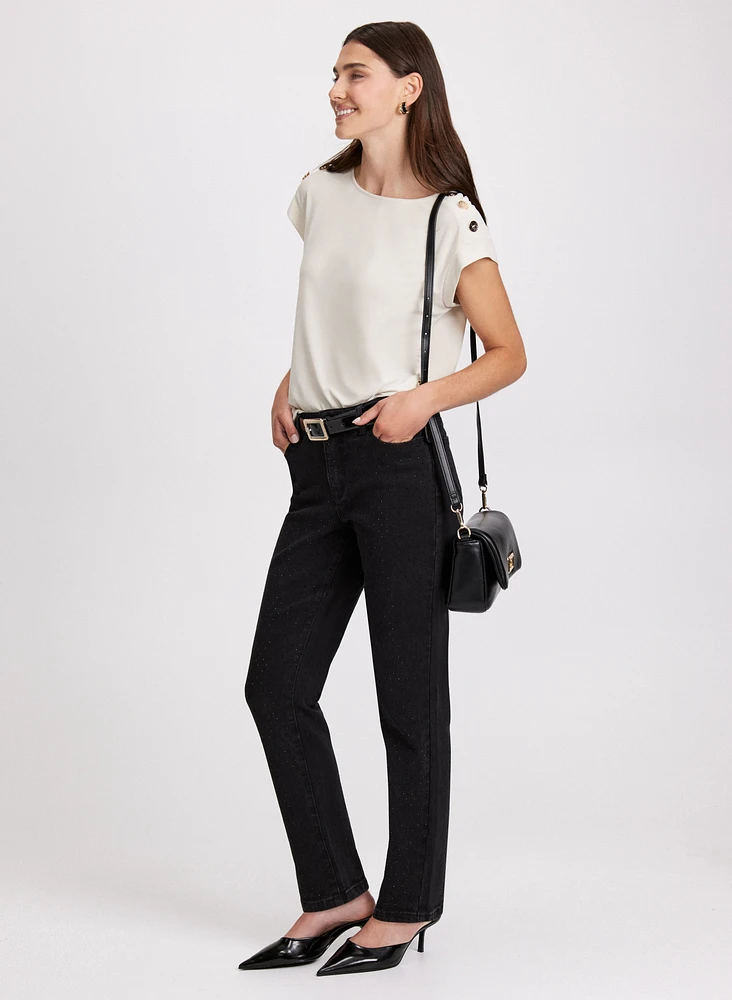 Button Shoulder Detail Top & Straight Leg Jeans