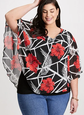 Blouse Poncho fleuri à manches 3/4