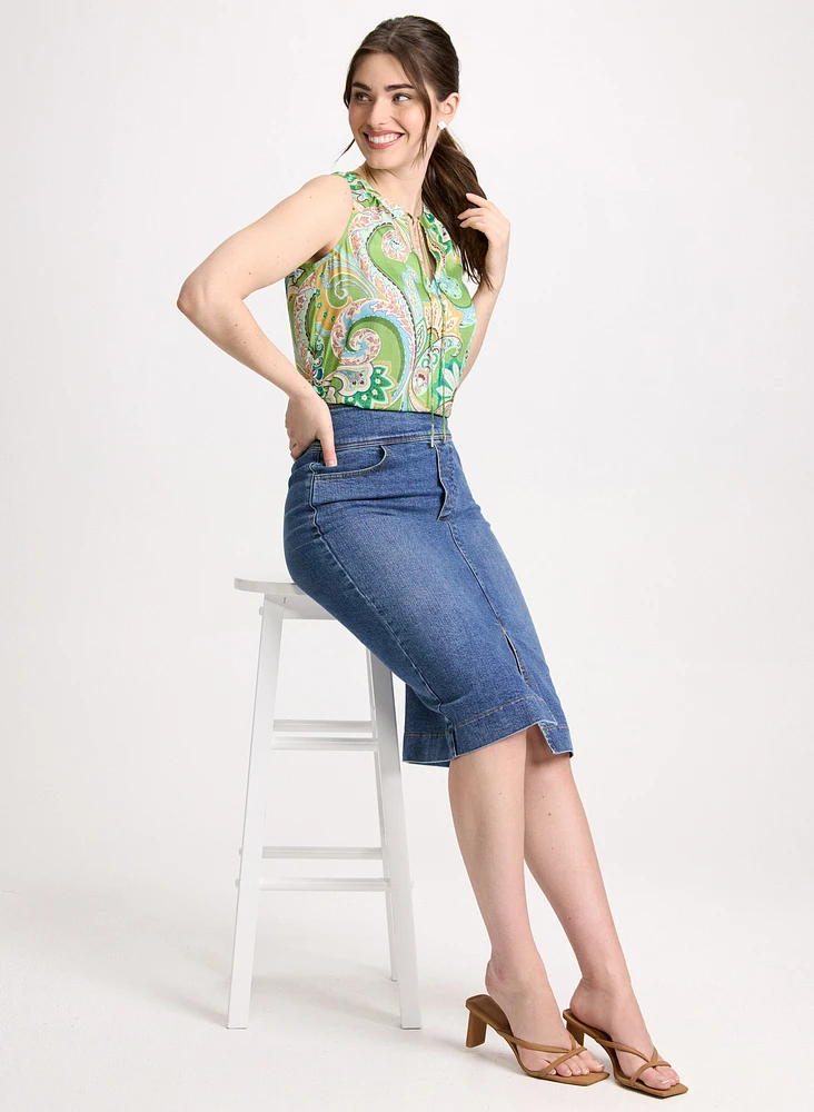 Paisley Sleeveless Blouse & Slit-Hem Denim Skirt