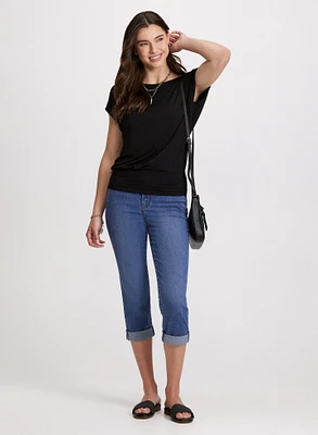 Smocked Waist T-Shirt & Rolled-Cuff Denim Capris