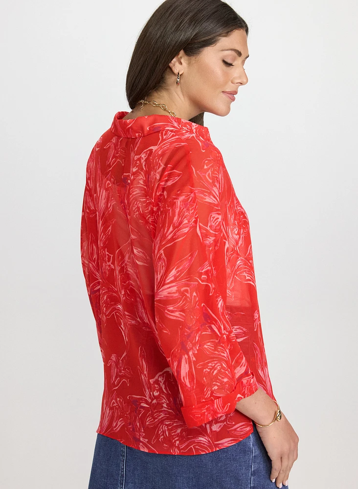 Leaf Print Chiffon Blouse