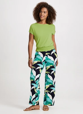 Smocked Waist T-Shirt & Tropical Print Pull-On Pants