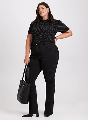 Polka Dot Mock Neck Top & Rhinestone Detail Jeans
