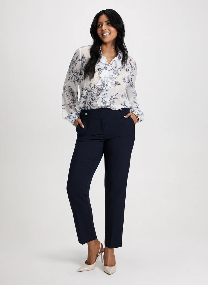 Floral Print Ruffle Shirt & Slim Leg Ankle Pants