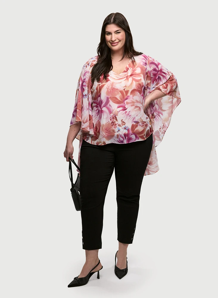 Asymmetric Floral Print Blouse & Pull-On Bengaline Pants