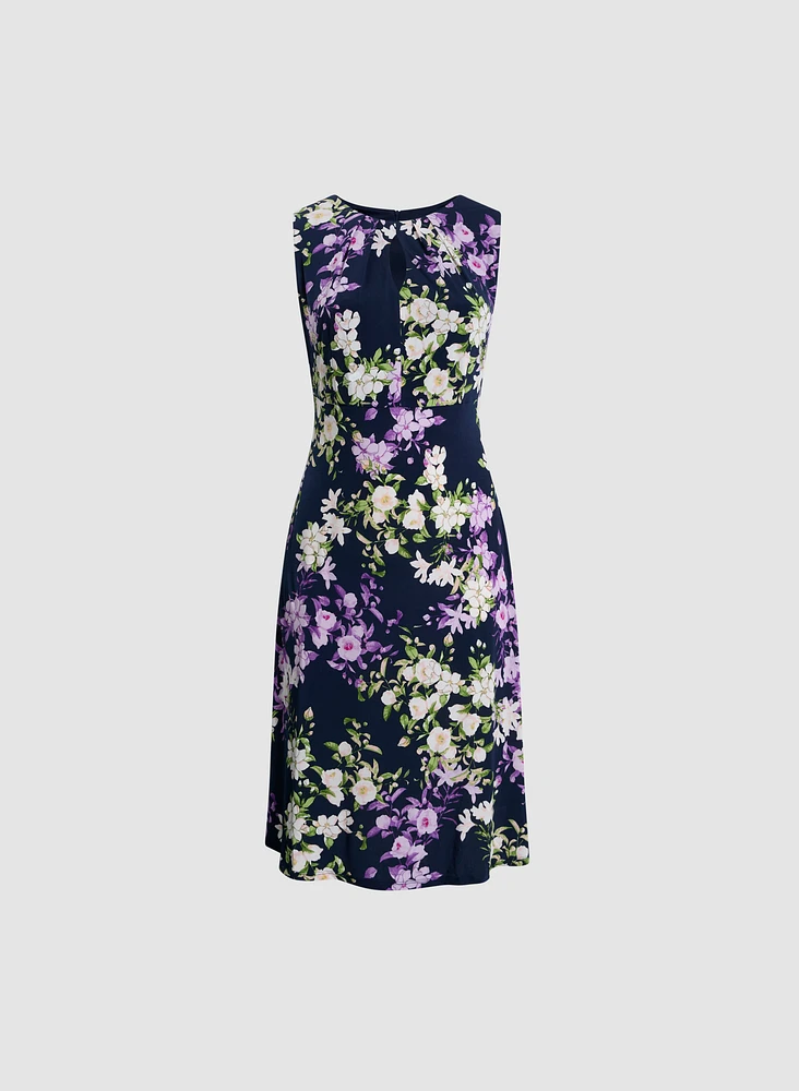 Pleated Neck Floral Dress