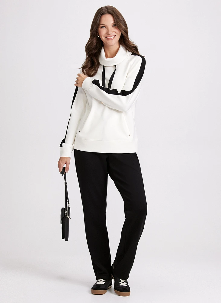 Contrast Cowl Neck Pullover Top & Pull-On Straight Leg Pants