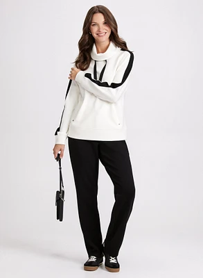 Contrast Cowl Neck Pullover Top & Pull-On Straight Leg Pants