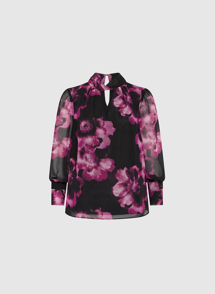 Blouse florale à col torsadé