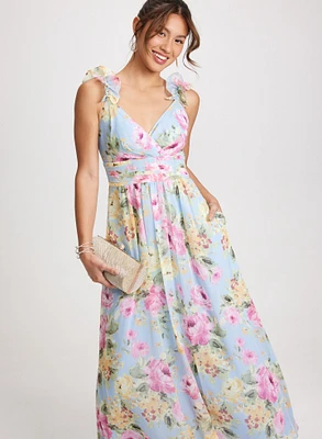 Long Ruffled Shoulder Floral Dress