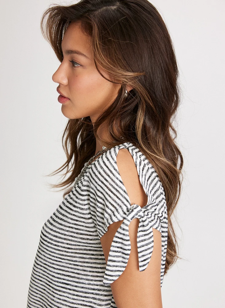 Knotted Sleeve Striped T-Shirt