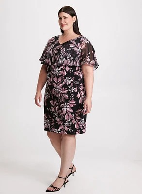 Robe cocktail florale avec volant en chiffon