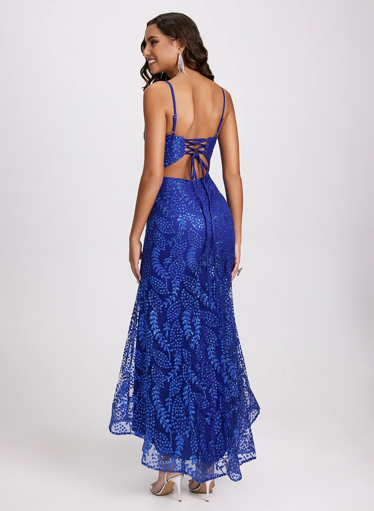 Glitter Mesh V-Neck Gown