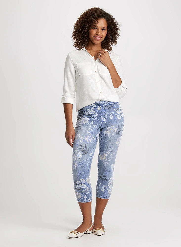 Floral Pattern Pull-On Jeans