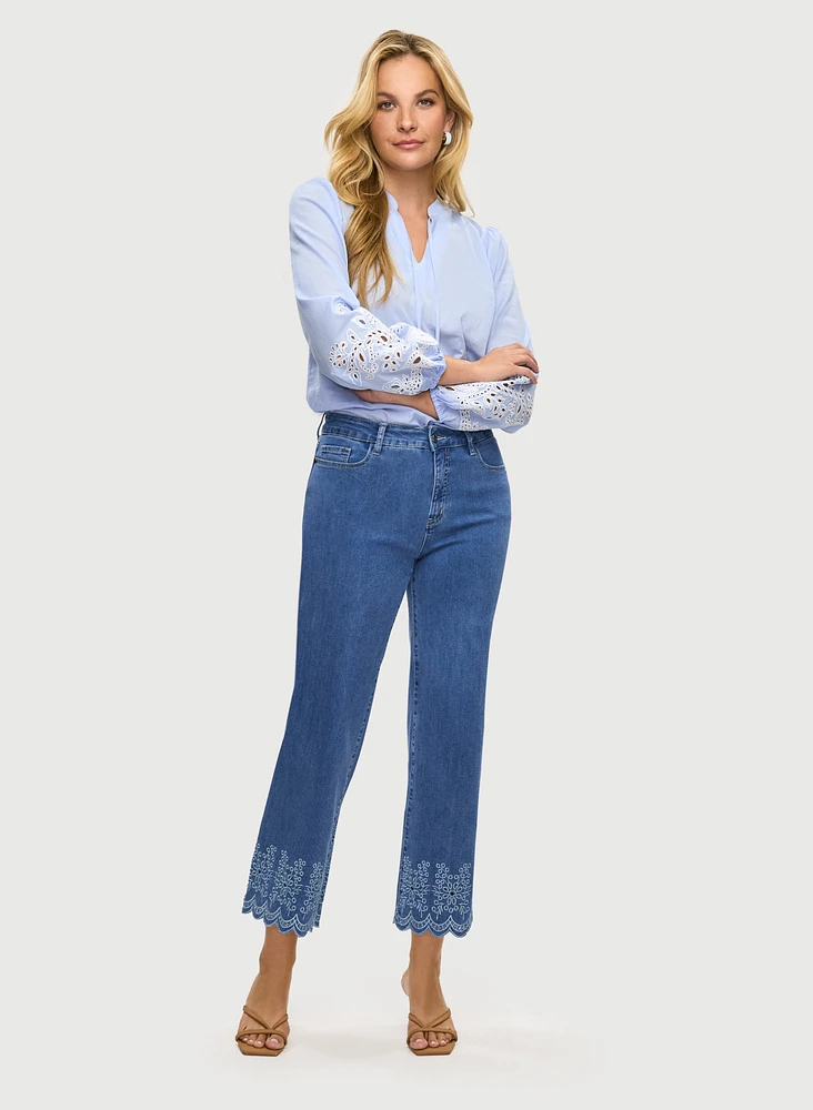 Split Neck Blouse & Embroidered Capri Jeans