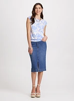 Floral Print Cap Sleeve Top & Slit-Hem Denim Midi Skirt