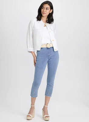 Short Linen Jacket & Embroidered Hem Jeans
