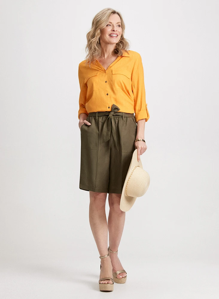 Linen Rolled Sleeves Blouse & Belted Shorts