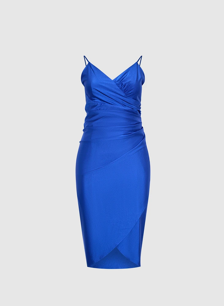 Sleeveless Ruched Wrap-Over Dress