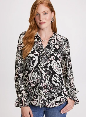 Paisley Print Ruffle Front Blouse