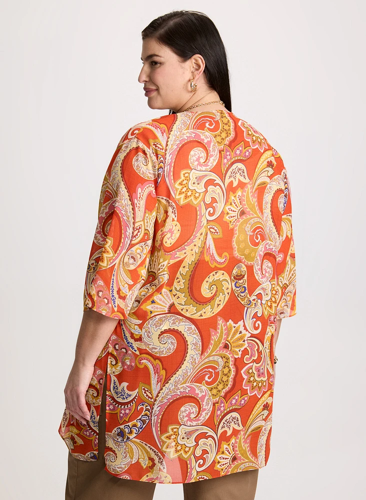 Paisley Print Open-Front Blouse