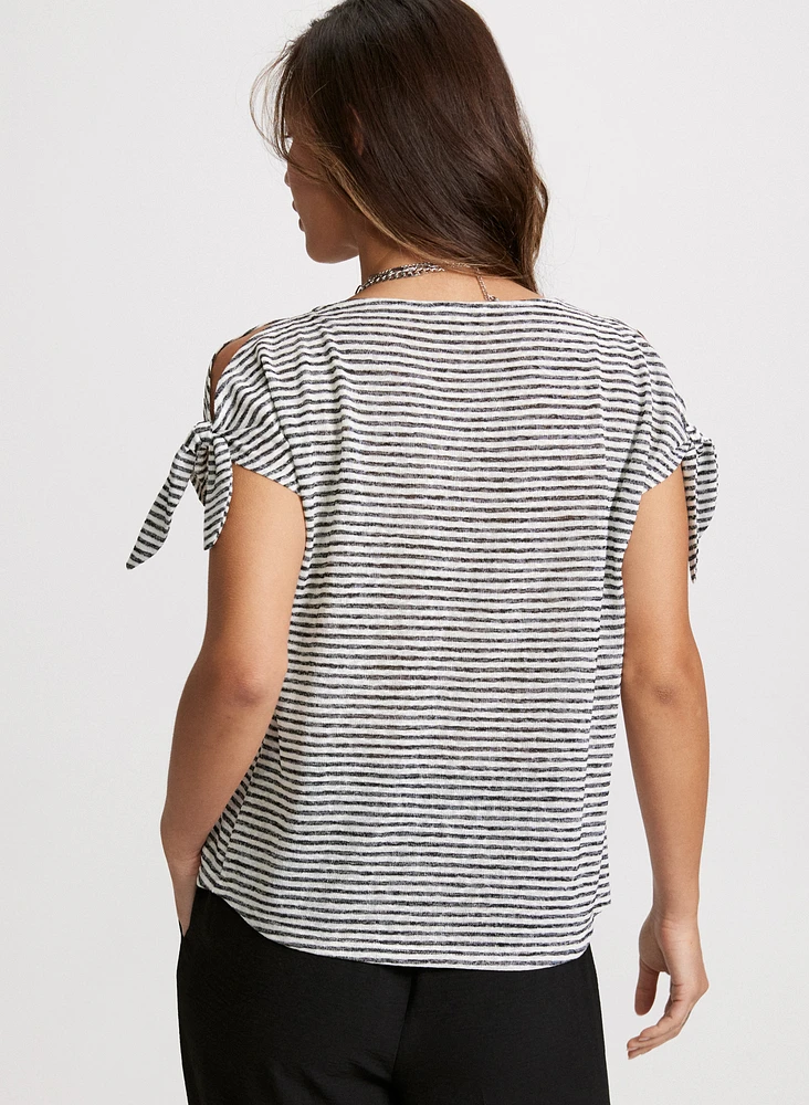 Knotted Sleeve Striped T-Shirt