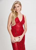 Glitter Mesh V-Neck Gown