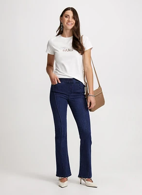 Embellished Slogan Tee & Pull-On Bootcut Jeans