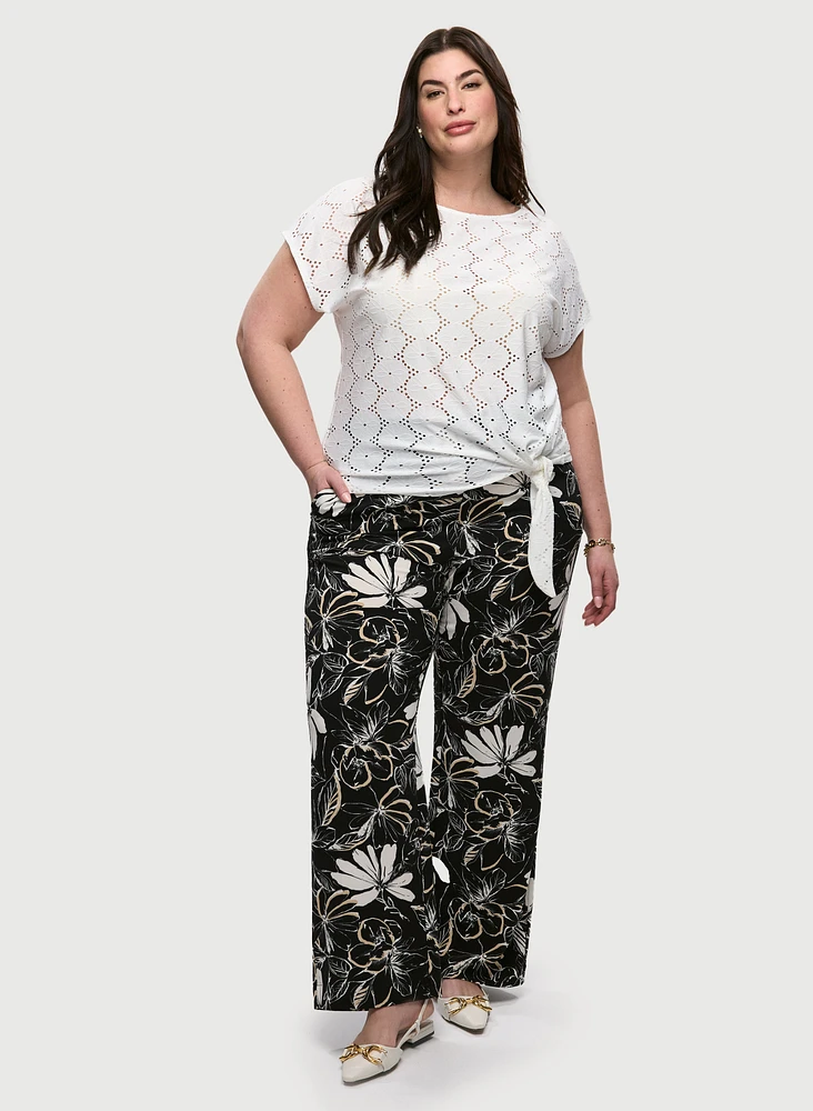 Tie-Front Eyelet Top & Crepe Floral Pants