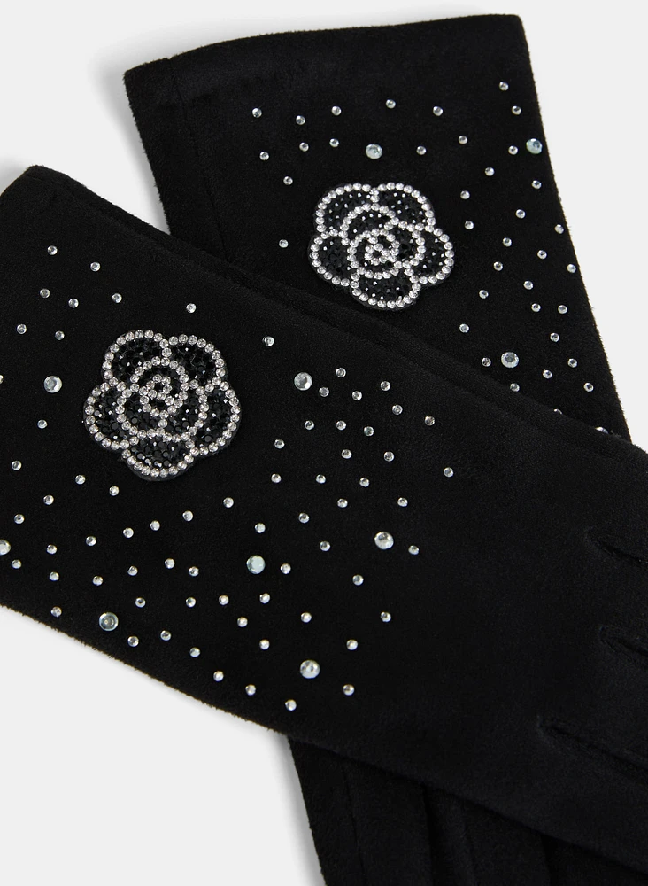 Gants en faux suède à appliqué floral