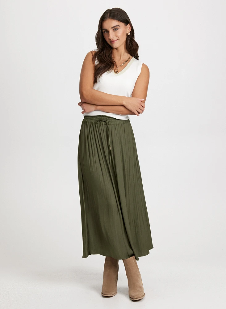 Sleeveless V-Neck Sweater & Satin Drawstring Waist Skirt