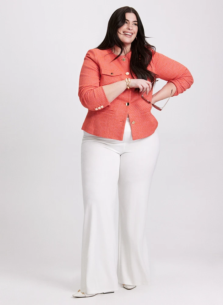 Collarless Bouclé Jacket & Flared Pull-On Pants