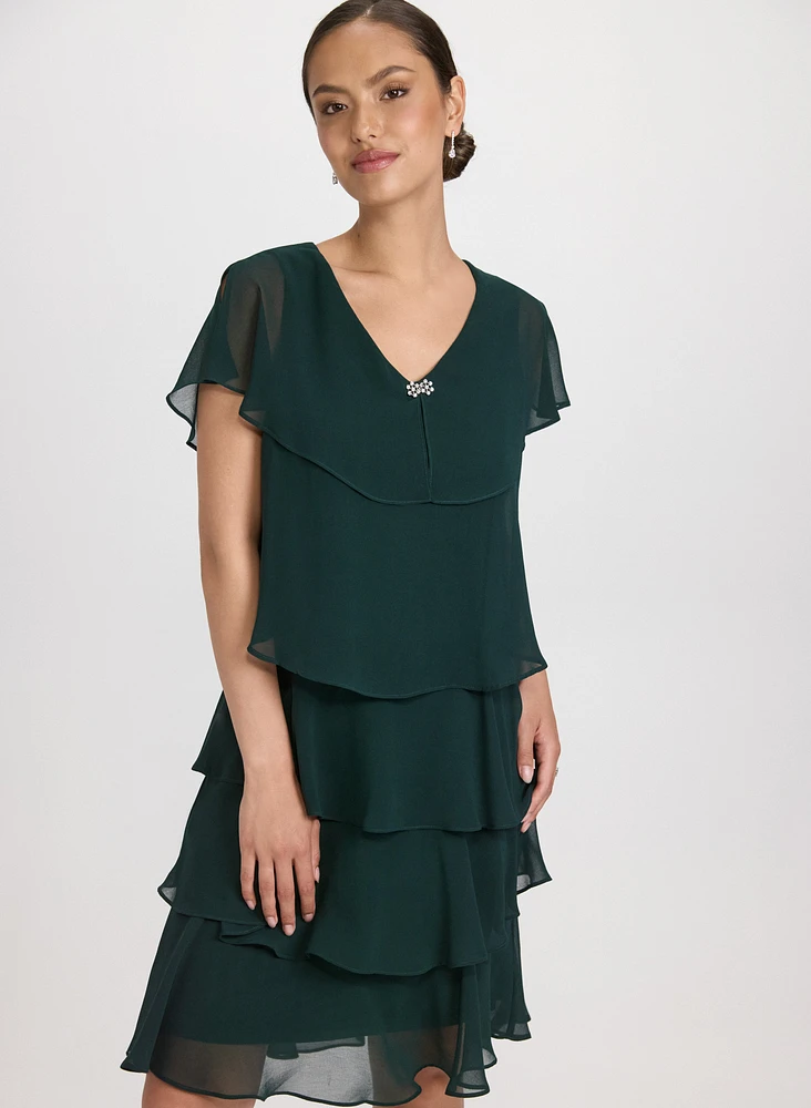Tiered Brooch Embellished Dress