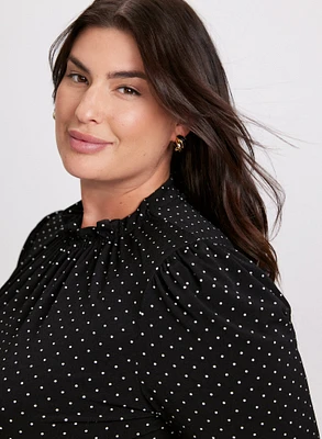 Polka Dot Pleated Mock Neck Top