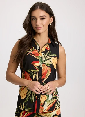 Sleeveless Leaf Print Blouse