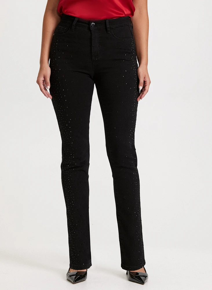 Rhinestone Trim Straight-Leg Jeans