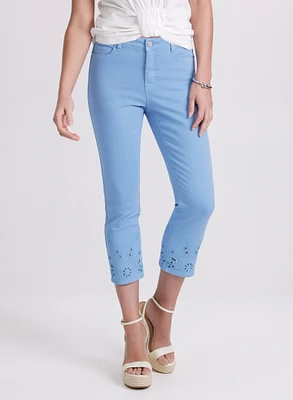 Denim Embroidered Hem Capris