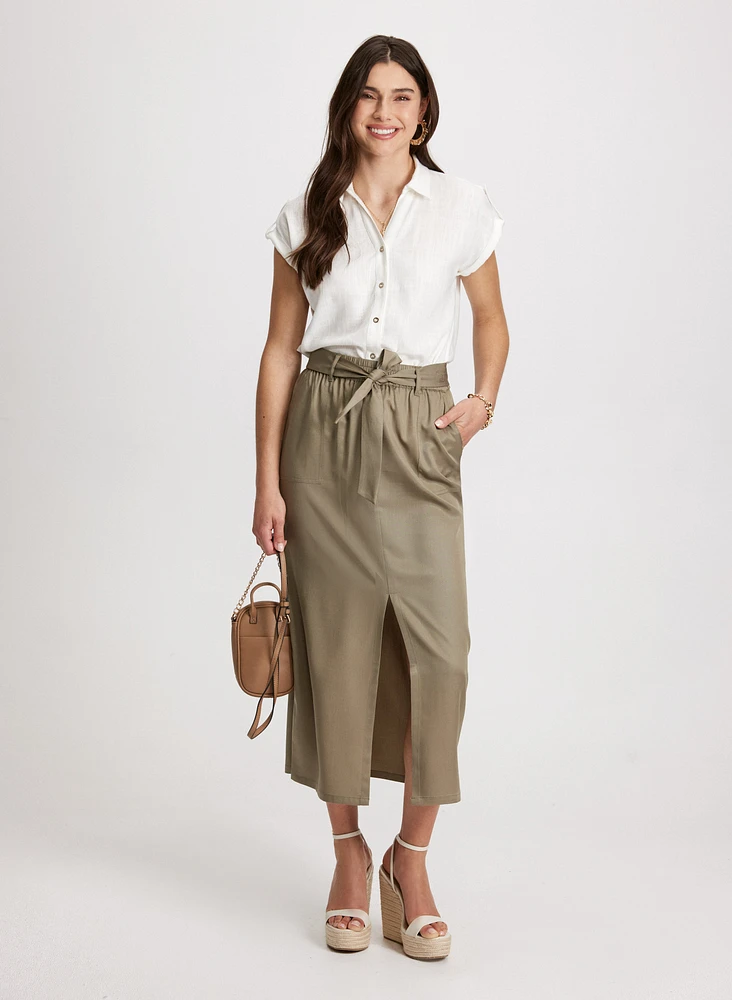 Linen Knotted Blouse & Long Slit Skirt