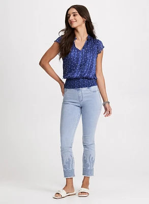 Smocked Polka Dot Blouse & Pull-On Embroidered Hem Jeans