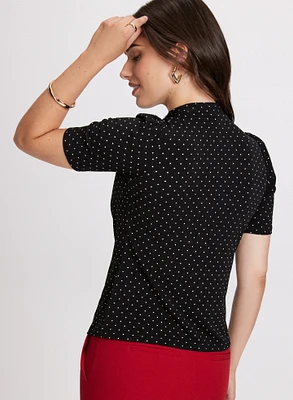 Polka Dot Pleated Mock Neck Top