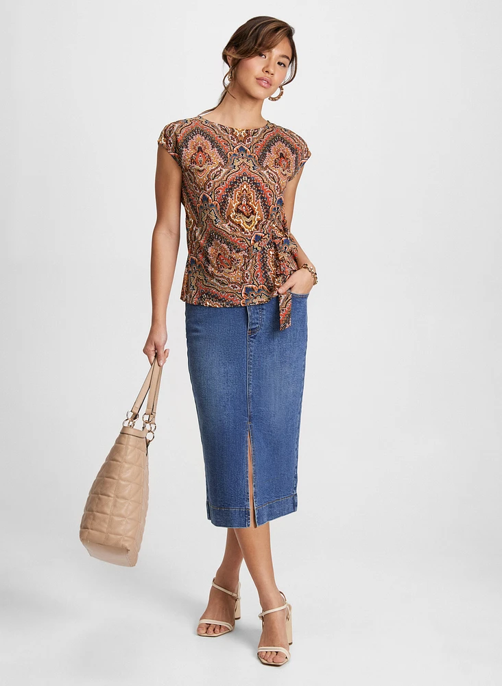 Medallion Print Top & Slit-Hem Denim Skirt