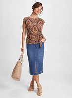 Medallion Print Top & Slit-Hem Denim Skirt