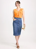 Ruffled Sleeveless Top & Slit Hem Denim Skirt