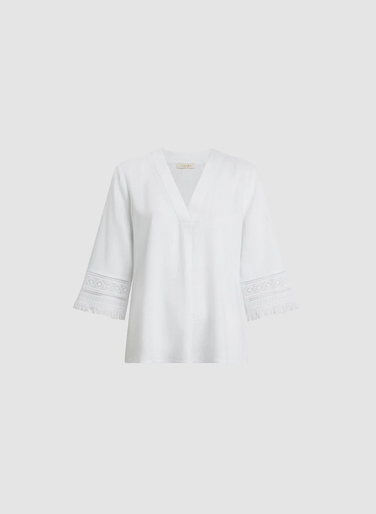 Blouse en mélange de lin avec manches à broderies et franges
