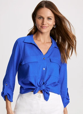 Rolled Sleeves Linen Blend Blouse